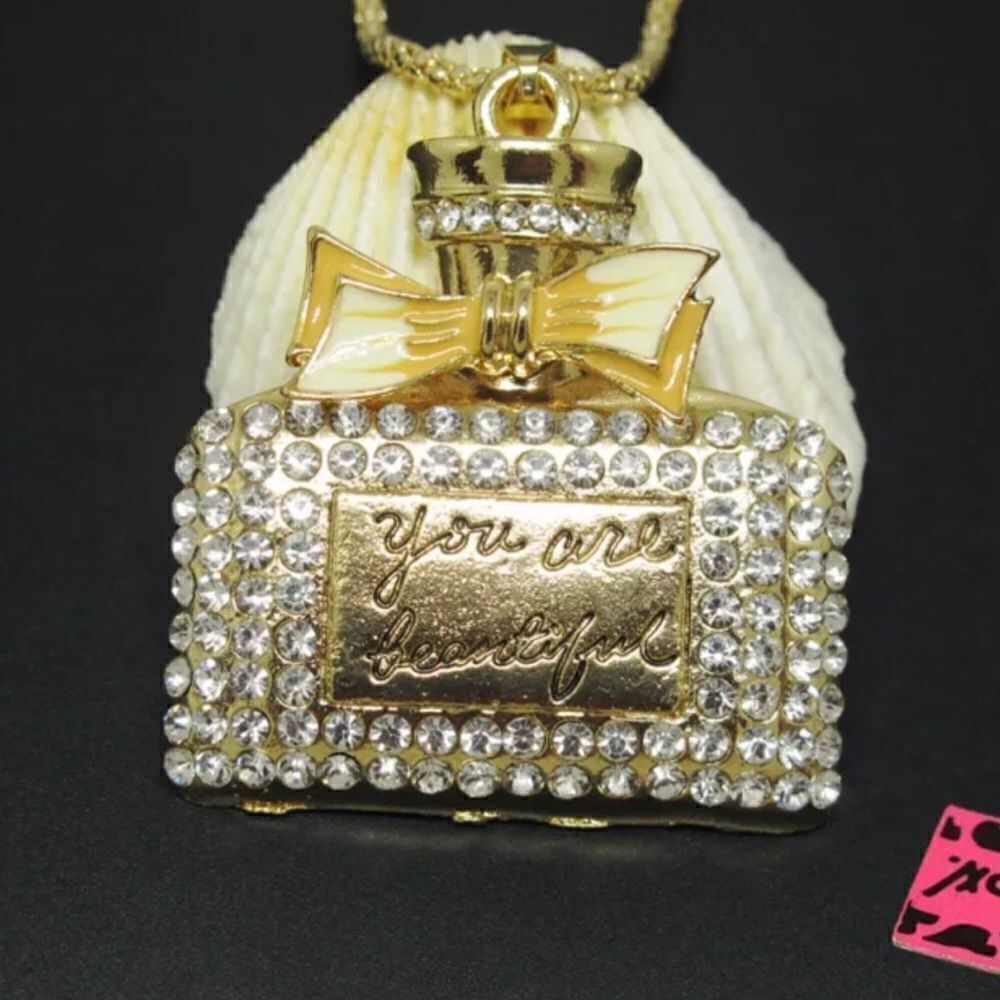 New Black Bow Enamel Perfume Crystal Bottle Pendant Necklace NWOT